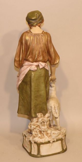 Royal Dux Art Nouveau Pottery Sculpture Shepherdess Woman Standing Feeding Sheep 4
