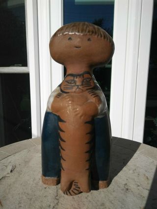 Lisa Larson Gustavsberg Art Pottery Pelle Figurine Boy With Cat Kid Vtg Sweden