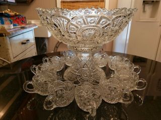 Depression Era 12 Cup Punch Bowl On Base With 12 Cups