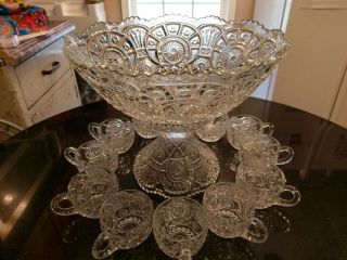 Depression Era 12 Cup Punch Bowl on Base with 12 cups 2
