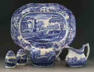 Spode Blue Italian 5 Piece Grouping Vintage English Porcelain W/ Platter & Jug