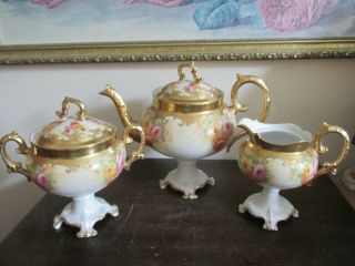 B&h Limoges France Handpainted Tea Set Pot Creamer Sugar Bowl Roses Gold
