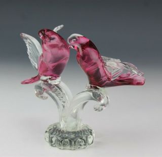 Murano Italy Studio Hand Blown Pink Song Birds On Branch Art Glass Sculpture Nr