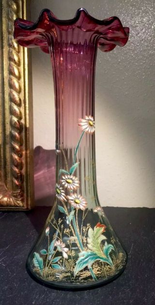 French Legras Mont Joye Glass Enameled Flowers Gilt Amethyst Gradient 1890’s