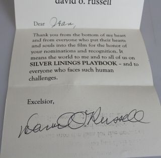 DAVID O.  RUSSELL HAND SIGNED LETTER CARD THANK YOU AUTOGRAPH FYC 4 2