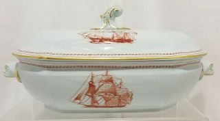 Spode Red Trade Winds Dual Sailing Ships of Salem Casserole W/Lid 3