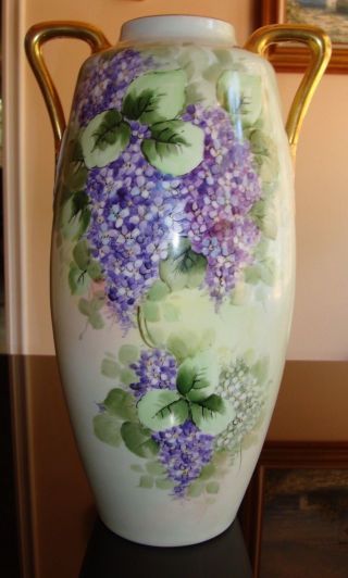 Rare Antique Austria Hand Painted Signed Large Vase,  Lilac & Gold,  15 1/2 "