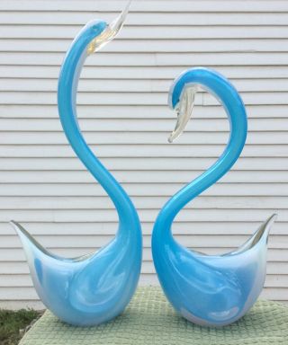 Large Murano Italian Glass Blue Swan Figures 18 1/2” Tall