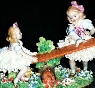 Antique German Dresden Lace Sitzendorf Girls & Cat On Seesaw Porcelain Figurine
