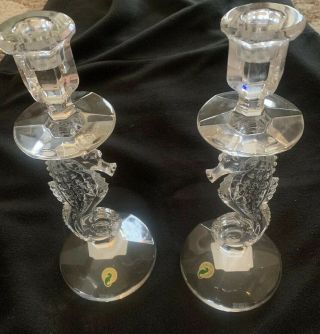 Set Of Two Waterford Crystal 11.  5” Seahorse Candlesticks Candle Holder