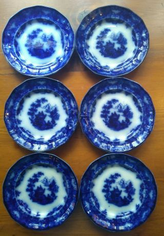 Set Of 6 Antique Formosa Flow Blue 7 1/2 " Plates - T.  J.  & J Mayer 1843 - 1850s