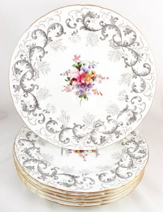Set 6 Dinner Plates Royal Crown Derby Bone China Gray Scroll A520 Flowers Gold