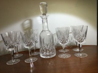 Waterford Crystal Lismore 8 Red Wine Or Water Goblets With Matching Decanter. 5