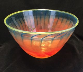 Kosta Boda Art Glass Vase - Orange With Blue Stripes - Signed Keegan.  3030