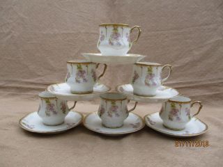 Antique Limoges Art Nouveau Porcelain 6 Coffee Cup & Saucer Wistaria Gold Rim (a)
