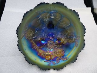 Chrysantemum Blue 3 Footed Iridescent Carnival Glass Bowl 10”