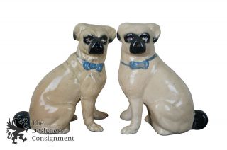 Antique Staffordshire Pug Figurines Porcelain Dogs Pair Set Separate Legs Bowtie
