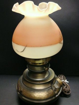 Fenton Satin Custard Colonial Lamp Hand Painted Signed By Debra C.  Hill 14.  5 " H