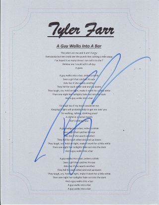 Tyler Farr Signed A Guy Walks Into A Bar Lyric Sheet