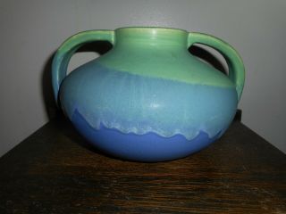 Early Camark Arts & Crafts Art Pottery Vase - Matte Green Blue Overflow Glaze