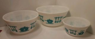 3 Vintage Hazel Atlas Kitchen Aids Mixing Bowls Turquoise Milk Glass (bin 26)