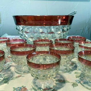Vintage Indiana Glass Whitehall Ruby Red Flash Trim Punch Bowl Set 12 Cups