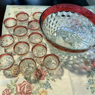 Vintage Indiana Glass Whitehall Ruby Red flash Trim Punch Bowl Set 12 Cups 2