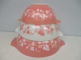3 Vintage Pyrex Pink Gooseberry Cinderella Mixing Bowls 442,  443,  & 444