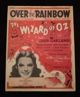 Wizard Of Oz 1939 Vintage Music Sheet " Over The Rainbow " Judy Garland Uk Version