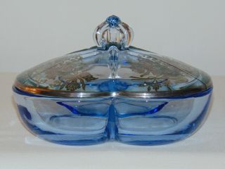 Vintage Sterling Silver Overlay Blue Depression Glass Candy Bowl Lid Cambridge ?