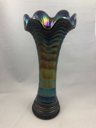 Imperial Ripple Carnival Glass Vase Purple / Blue Opalescent 9.  5” Tall 3” Base
