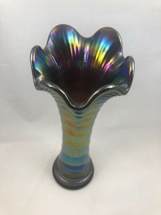 Imperial Ripple Carnival Glass Vase Purple / Blue Opalescent 9.  5” Tall 3” Base 2