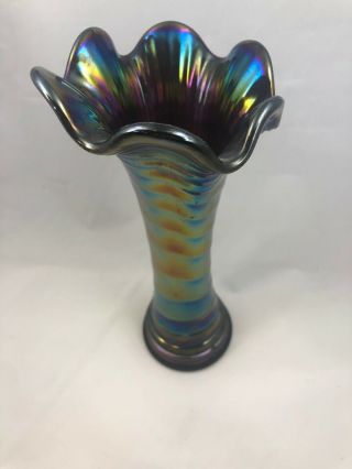 Imperial Ripple Carnival Glass Vase Purple / Blue Opalescent 9.  5” Tall 3” Base 5