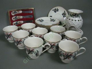 9 Lenox Winter Greetings Tea Cup Saucers,  Fragrance Warmer & Spreader China Set