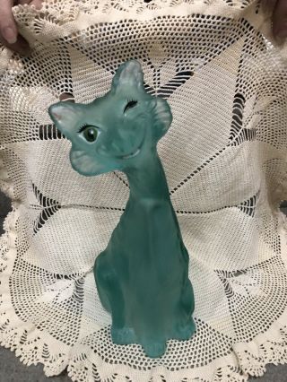 Fenton Art Glass Green Iridescent Alley Cat Handpainted And Signed By Artist 3