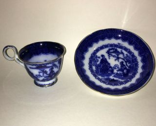 1840s Antique Samuel Alcock Flow Blue Cup And Saucer Asian Theme Kremlin Pattern