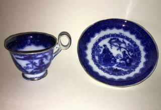 1840s Antique SAMUEL ALCOCK Flow Blue Cup and Saucer Asian Theme Kremlin pattern 2