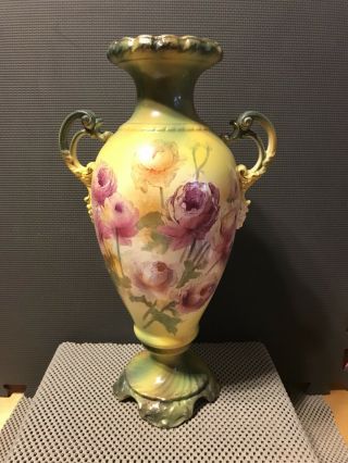 Antique Royal Bonn,  Germany,  Hand Painted Flowers,  Porcelain Vase,  14.  5”h