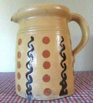 Antique Lg French Jaspe Slipware Pottery Pitcher Jug,  Hand Painted Dots & Lines