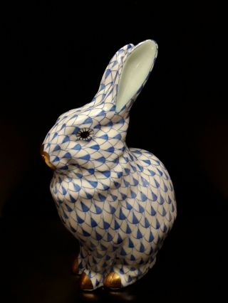 Adorable Herend Larger Hand Painted Bunny Rabbit Blue Fishnet Figurine