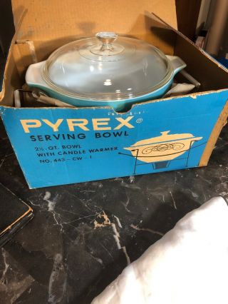 Vintage Rare Pyrex Serving Bowl 2 1/2 Qt.  With Candle Warmer Light Blue