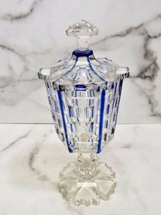 Antique Czech Bohemian Covered Pedestal Compote Cut Clear Blue Accent Candy Dish