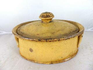 French Antique Yellow Glazed Confit Pottery Pot Daubiere Terrine Pan - Late 19th