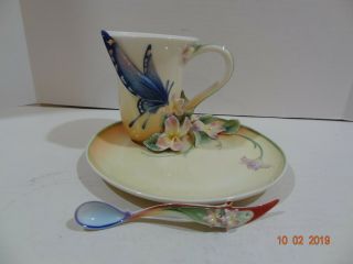 Franz Porcelain Fz01670 Spotted Purple Butterfly Tea Cup Saucer Spoon Set Signed