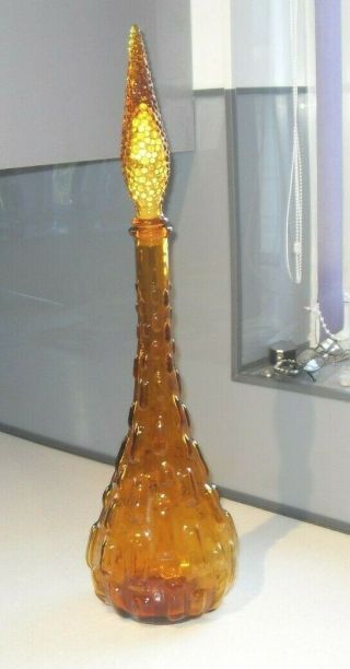 Vintage 1970s Large Italian Empoli Amber Knobbly Glass Genie Bottle