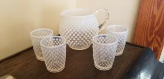 Vintage Fenton Art Glass French Opalescent Hobnail Pitcher & 4 Tumblers