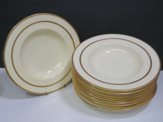 Set Of 10 Vintage Minton Rimmed Soup Bowls 9 " Cream And Gold Rim P3803