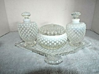 Vintage Fenton Hobnail Glass Vanity Set Perfume Bottle Powder Jar