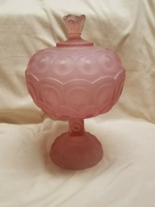 Large L.  E.  Smith Pink Frosted Moon And Stars Footed Compote With Lid 12 1/2 " T