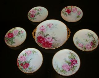 Antique Mz Austria Hand Painted Cake Set,  Tray & 6 Dessert Plates,  Roses & Gold